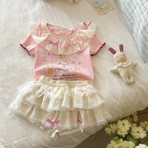 Tongxingyuan Sweet Girls' Suit 2026 Summer Pink Peter Pan <b>Collar</b> Printed T-shirt <b>Cake</b> Skirt Set For Kids - Product Image 4