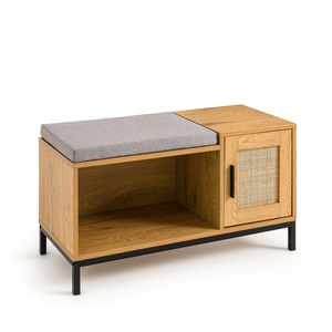 <span class=keywords><strong>Banc</strong></span> à <span class=keywords><strong>chaussures</strong></span> en bois plaqué chêne de nouvelle conception avec porte en rotin et coussin - Product Image 1