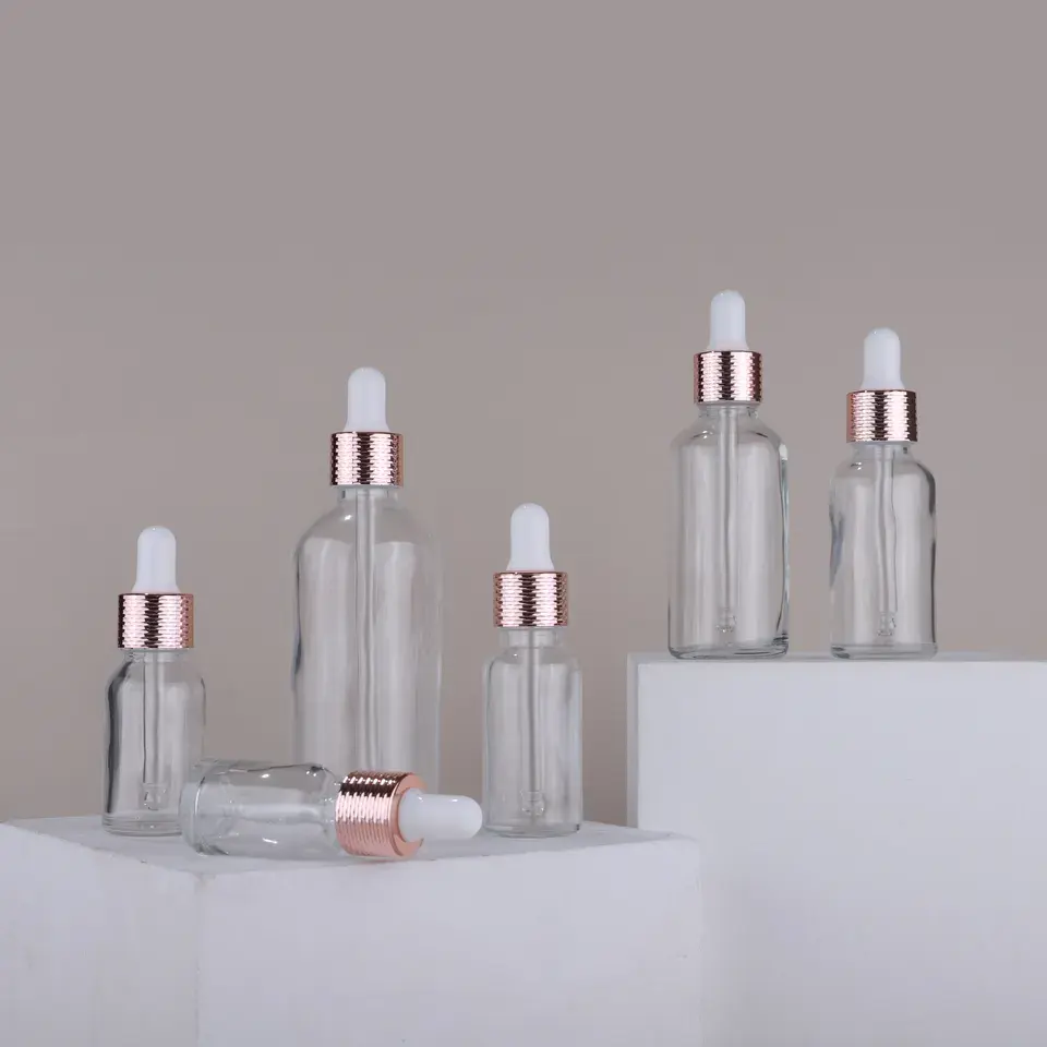 5ml 10ml glass clear essential oil bottle 30 ml 50ml glass dropper bottle with unique cap for aroma perfume oil