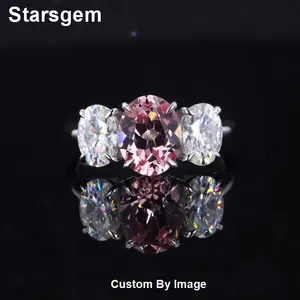 Stars gem Real Gold Weiß Moissan ite & Sakura Pink Sapphire Oval Cut Drei Stein Ring