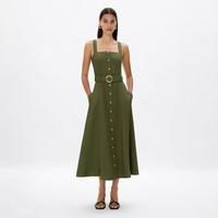 Gaun Midi Wanita Kasual Model A-Line Warna Hijau Army Elegan dengan Kerah Kotak, Tanpa Lengan, Kancing Depan, Sabuk, dan Saku Samping, Desain Terbaru