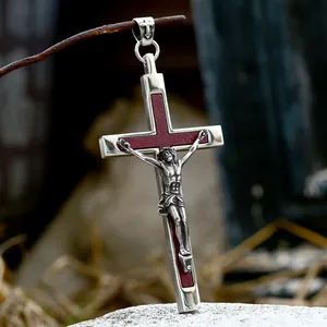 SS8-981P Stainless Steel Jesus Cross Pendant Rosewood Men's Cross Pendant Religious Christian Jewelry Wholesale