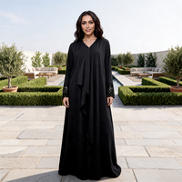 Abaya musulmane noire de luxe personnalisée pour femme, en polyester, élégante, avec poignets à sequins et panneau à volants, ouverte, modeste, pour l'automne, vente en gros à Dubaï, faible MOQ