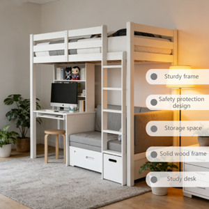 Lit superposé en bois massif avec tiroirs de rangement et bureau intégré, lit superposé double sur grand lit avec rangement en bois - Product Image 5