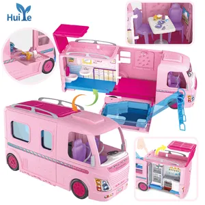 Huiye Motorhome Mainan Kendaraan Rekreasi Tarik dengan DIY Furnitur Liburan Camper Van Model untuk Anak-anak