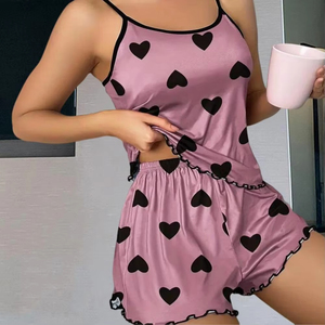 Women's Comfortable Casual Summer Pajama Set <strong>Pink</strong> Heart-Shaped Print Neck T-Shirt Ice <strong>Silk</strong> <strong>Top</strong> with Front Logo T-Shirts Shorts - Product Image 2