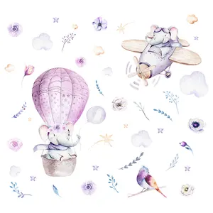 紫色热气球花墙贴婴儿室托儿所衣柜家居贴花卡通贴纸大象飞行飞机