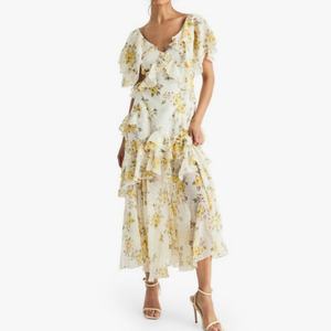 Vestido Largo de Verano con Volantes Florales para Mujer, Cuello en V, Chifón en Capas, Elegante, para Playa o Vacaciones - Product Image 2