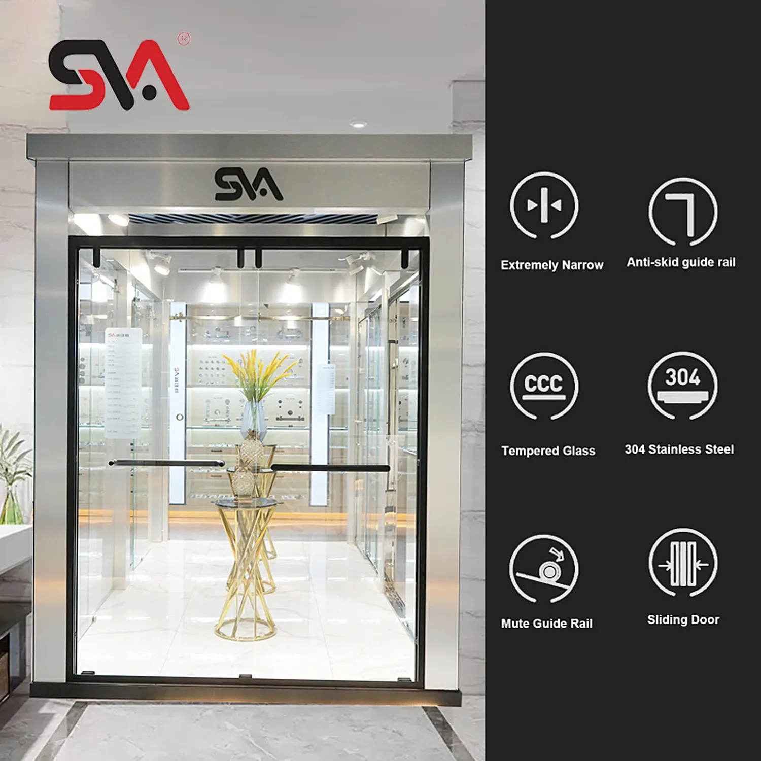 SVA-5044 kamar mandi baja tahan karat berbentuk satu bingkai aluminium kaca Tempered dengan penyangga pintu kaca geser kabin Shower