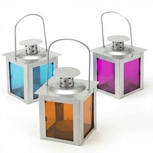 Silver Stainless Steel Candle <b>Lantern</b> with Colored Glass for <b>Christmas</b> Home and Garden Decoration Hanging <b>Lanterns</b> - Product Image 1