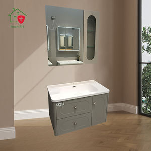 Armoire de salle de bain grise contemporaine miroir à LED conception étanche et durable carcasse en bois massif résistant aux rayures pour bassin en céramique - Product Image 2