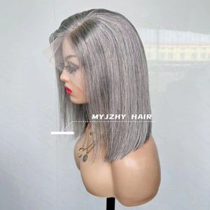 Granny Color <span class=keywords><strong>plata</strong></span> SDD doble dibujado <span class=keywords><strong>corto</strong></span> recto virgen brasileño cabello humano lejía nudos sin pegamento peluca con malla frontal para mujeres - Product Image 5