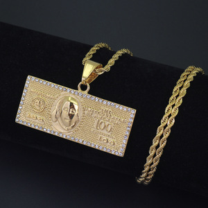 Collier pendentif en <span class=keywords><strong>or</strong></span> RQ Wholesale, billet de cent <span class=keywords><strong>dollars</strong></span>, bijoux, porte-bonheur argenté, pendentif signe dollar pour homme - Product Image 3