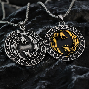 Vintage <b>Style</b> Men's Pendant Viking Double Wolf <b>Head</b> Compass Necklace Zinc Alloy Themed Pendants Gift Jewelry - Product Image 1