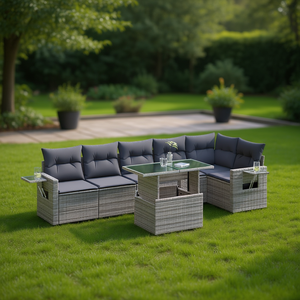 Ensemble de canapés de jardin en rotin gris, structure en acier, verre trempé, mobilier d'extérieur, 6 places, design contemporain - Product Image 2