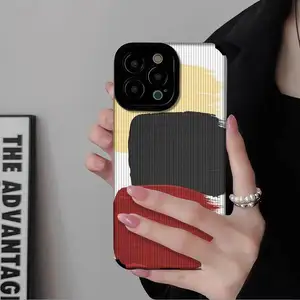 Geschikt Voor Lambskin Verticaal Patroon Iphone 11 Apple 14/13 Faux Lederen 15Pm Rood Geel Zwart Blok Telefoonhoesje 12 Zacht