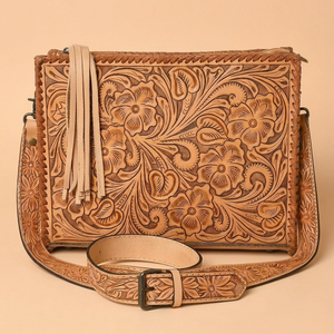 Sac messager pour femme en cuir véritable fait main, avec motif floral embossé et pompon, style vintage western - Product Image 1