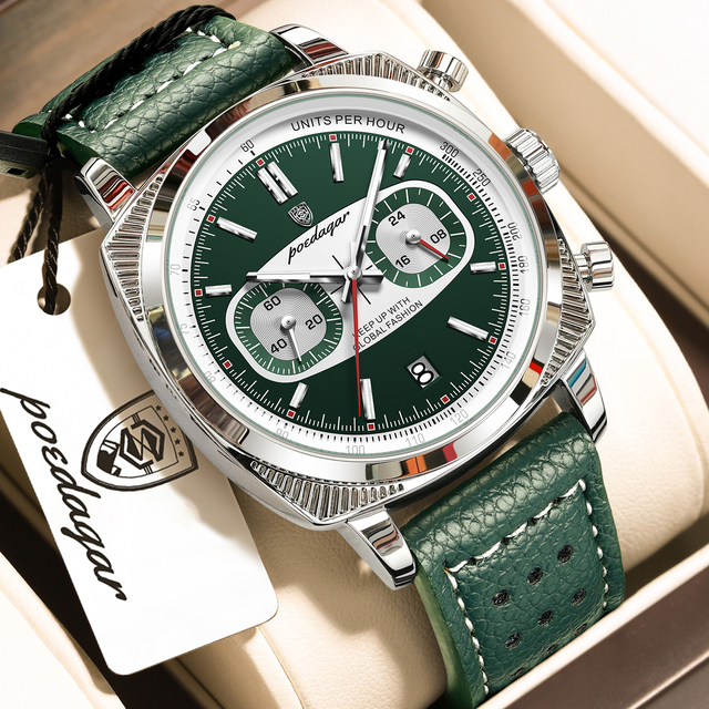 Poedagar 838 Luxury Leather Strap Square Multifunctional Chronograph Luminous Waterproof Quartz Watch for Men