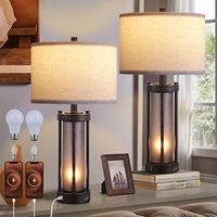 Lampu malam rumah pertanian Modern, lampu meja kristal 2-USB Port Retro Linen kap lampu hitam untuk kamar tidur Set 2 potong