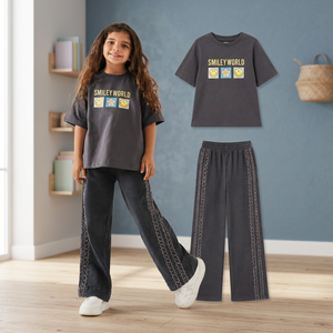 Conjunto de Camiseta Casual y Pantalones Anchos con Cintura Elástica para Niñas, Manga Corta, Estampado, 100% Algodón, para Verano - Product Image 3