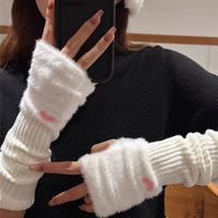 Manchettes longues en fausse fourrure de vison tricotées, sans doigts, avec motif cœur mignon, à revers souple, chaudes et douces pour l'hiver, pour usage quotidien