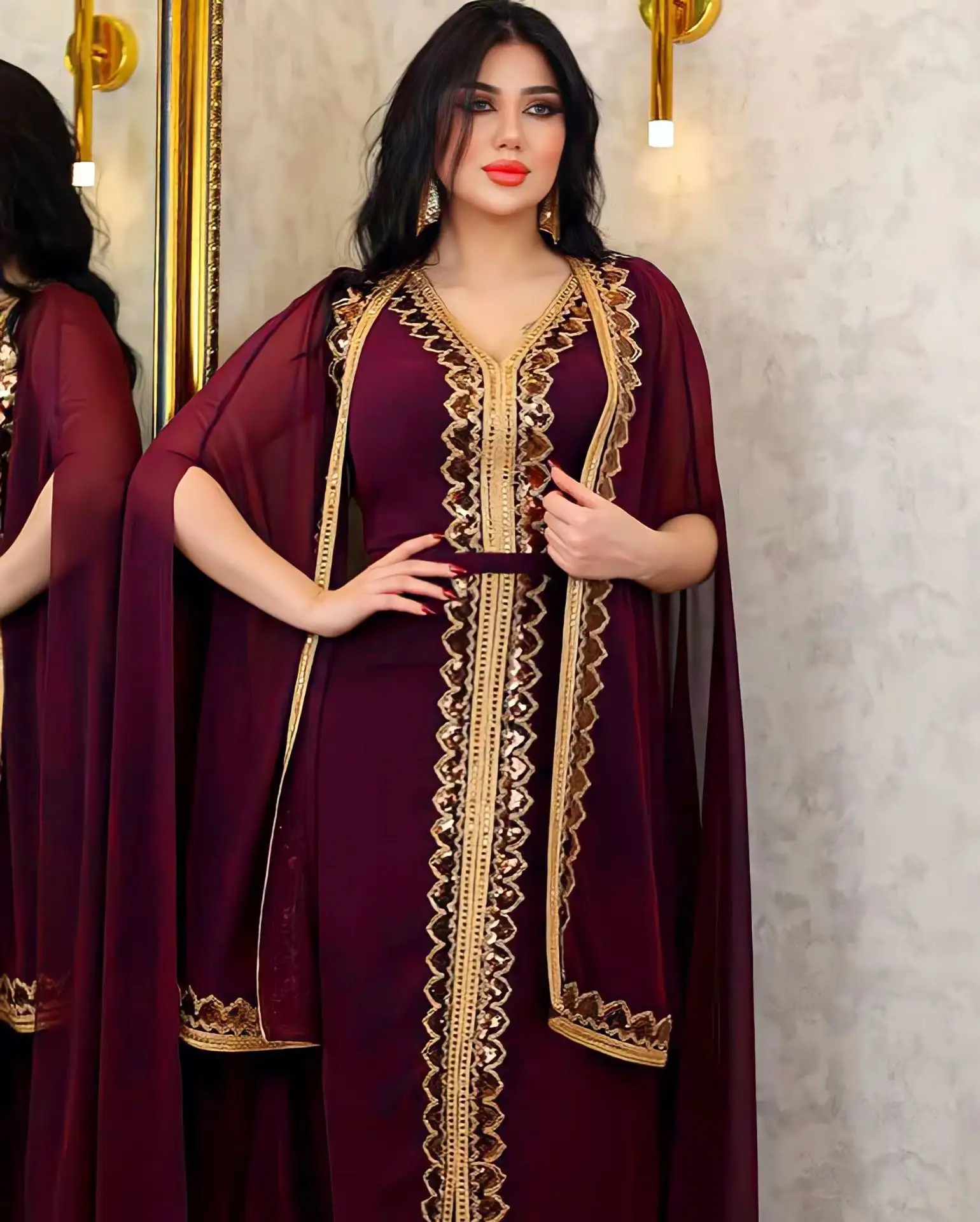 Abito da donna in stile mediorientale stile musulmano abaya fatto a mano in stile 2024 abito in chiffon in due pezzi