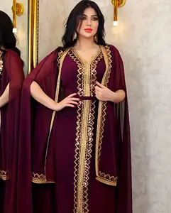 2024 Nahost-Mode muslimische Abaya Damen handgefertigtes EID-KLEID leichtes Ziffon zweiteiliges Kleid Umhang Eid-Kleid