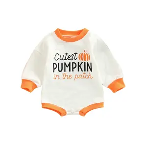 2023 Halloween Baby Girl Boy Clothes Onesie Cutest Pumpkin In The Patch Print Long Sleeves Halloween Pumpkin Baby Sweater Romper