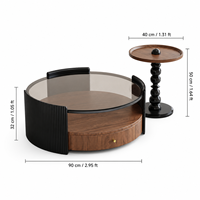 Table basse ronde moderne en bois à double plateau avec plateau en verre, facile à nettoyer et à ranger, idéale pour les salons et appartements.