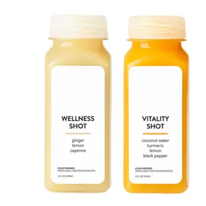 MAYSURE China Herstellung 2 Unzen 60 ml 100 ml Saftflaschen Kunststoff französische Viereckige Shot-Flasche für Zitrone Apfel Orangensaft