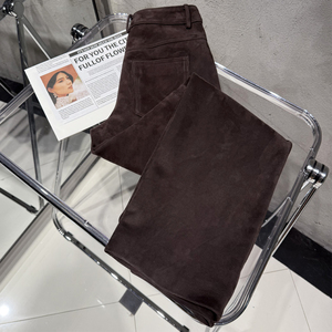 Nouveaux pantalons en <span class=keywords><strong>cuir</strong></span> pour femmes, pantalons en <span class=keywords><strong>cuir</strong></span> de mouton véritable, pantalons longs en daim marron - Product Image 2