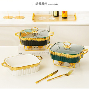 <strong>Rectangular</strong> Design <strong>Ceramic</strong> Casserole <strong>Pot</strong> Tableware Candle Chafing Dish Buffet Set Fire Heating <strong>Ceramic</strong> Soup <strong>Pot</strong> with Golden Rack - Product Image 2
