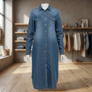 Vestido Camisero de Mezclilla para Mujer, Manga Larga, Largo Maxi, Cuello Camisero, Color Sólido, Estilo Casual, Tela de Algodón Transpirable - Product Image 3