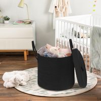 Panier de rangement rond en corde de coton tressé à la main avec couvercle, 15 po L x 15 po L x 13 po H, organisateur domestique, panier à linge sale