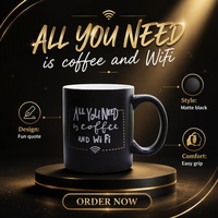 Mug à café en céramique noire amusant avec inscription « Tout ce dont vous avez besoin, c'est du café et du wifi », 12 oz, mug personnalisé avec logo, cadeau de bureau pour le café, le lait, le latte