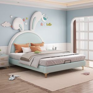 Childrens <b>Bed</b> Pink Bunny Design Solid Wood And Genuine Leather Single <b>Double</b> Size Kids Bedroom Furniture - Product Image 3