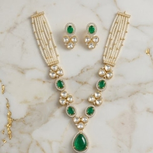 Elegant Green Stone Pearl 925 Silver Necklace Set Gold Moti Pearls and Moissanite Accents for Women Wedding <b>Gift</b> Jewelry - Product Image 2