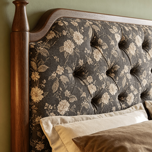 Traditional Upholstered Wooden <b>Bed</b> <b>Frame</b> Queen Size Fabric Headboard Soft <b>Bed</b> Mahogany Wood Design - Product Image 2