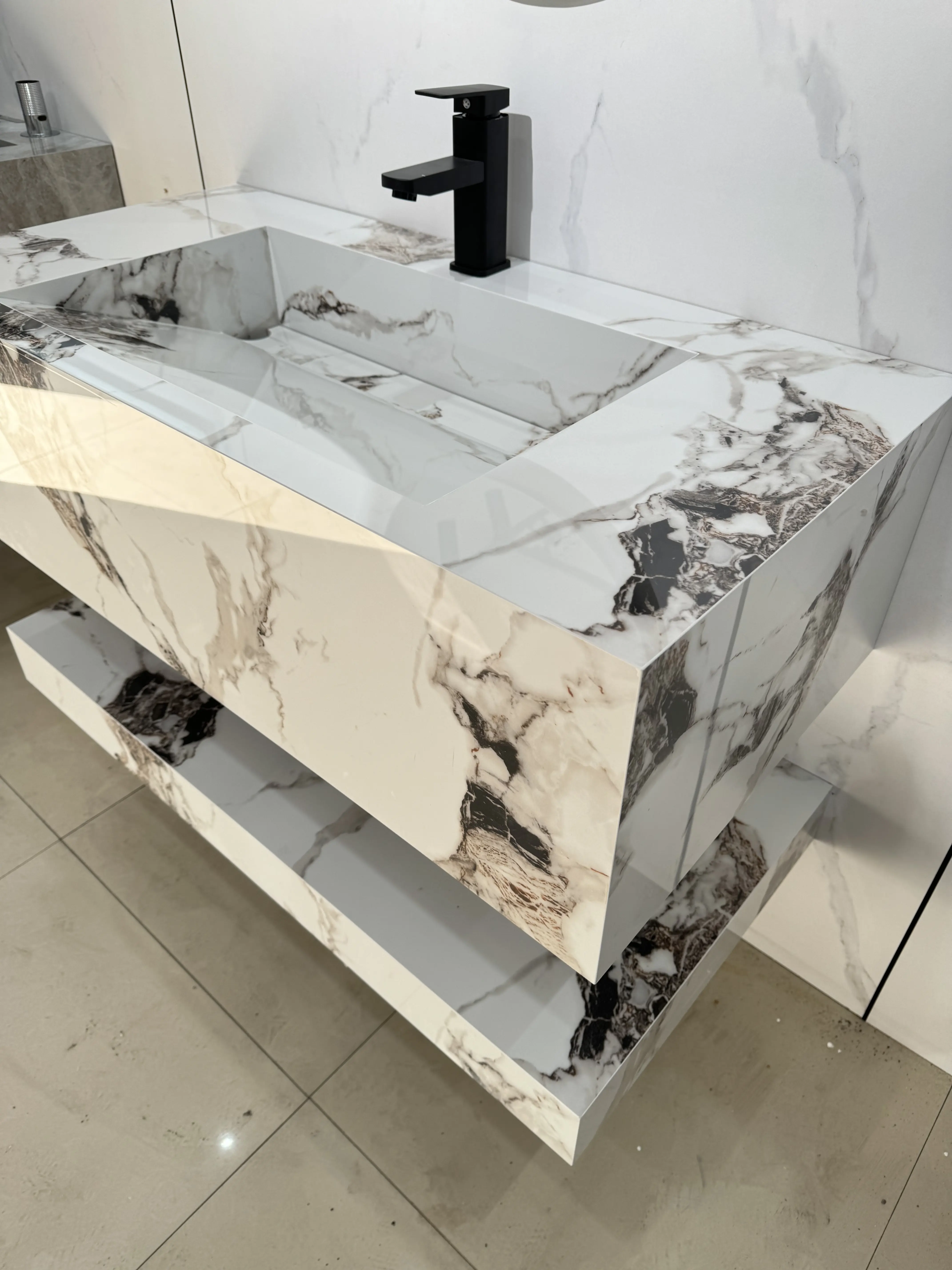 Luxury Wall Mounted Marble Sintered Stone Bathroom Vanity Single Sink Wash Basin Cabinet with mirror