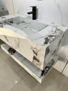Luxury Wall Mounted Marble Sintered Stone Bathroom Vanity Single Sink Wash Basin Cabinet With Mirror