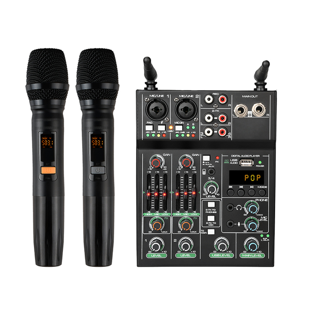 USB  Audio Mixer With Wireless Mic Receiver 5 Channel Console for Karaoke Live Streaming Factory Self Made