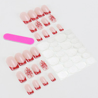 Faux ongles à presser courts carrés, rouge French manucure, base nude avec nœud et strass, en acrylique, cadeau pour filles
