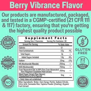 Caramelle Gommose Personalizzate per il Potenziamento del NAD+ con NR Resveratrolo 250mg NAM 750mg Gusto Mirtillo Supplemento Vegano Fornitura per 30 Giorni - Product Image 2