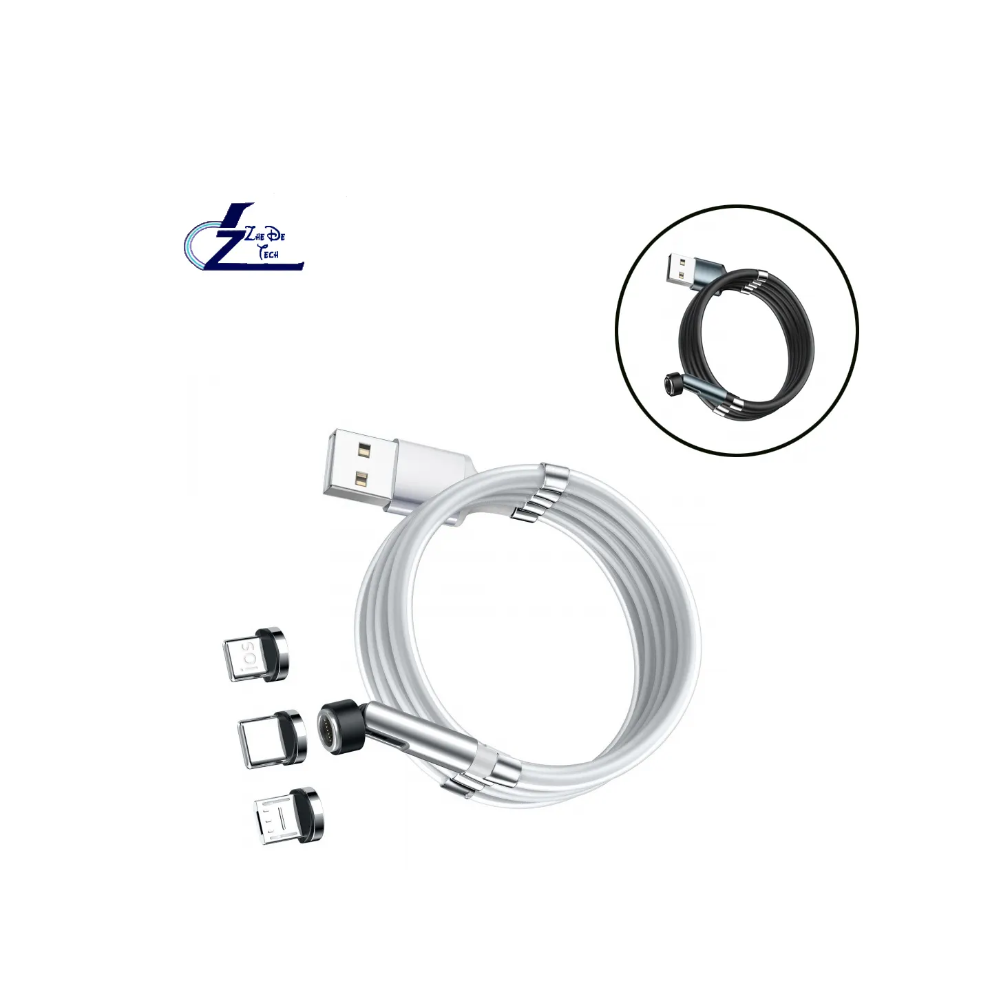 Kabel USB magnet 3 in 1, kabel mikro Tipe C silikon USB koil mudah, putaran 540 derajat