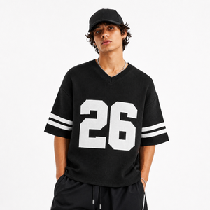 Pull en jersey tricoté rayé 100 % coton personnalisé pour homme, col en V oversize, streetwear, pour les jours de match, hiver - Product Image 1