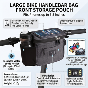 Sac de guidon de vélo, grande pochette de rangement avant pour vélo, pochette transparente de 6,5 pouces, sac de vélo avec logo personnalisé - Product Image 1