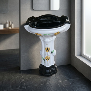 Ensemble de lavabo sur pied carré moderne en céramique pour salle de bain commerciale de centre commercial - Product Image 2