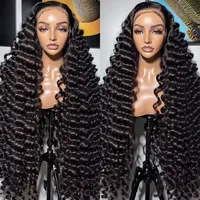 Vague profonde 13X6 brut indien dentelle frontale humain + perruques de cheveux-noir femmes brésilien lâche pleine dentelle frontale perruque pas de colle requise