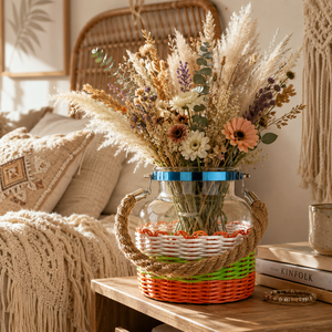Vase à fleurs décoratif en verre transparent avec poignée en corde naturelle et base panier pour centre de table événementiel, vente au détail, cadeau, export - Product Image 1
