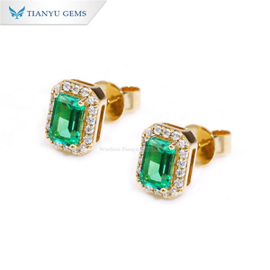 <span class=keywords><strong>Pendientes</strong></span> Tianyu Gems OEM personalizados de oro amarillo de 14 quilates con halo de <span class=keywords><strong>esmeraldas</strong></span> y diamantes, <span class=keywords><strong>pendientes</strong></span> de esmeralda rectangular colombiana y moissanita. - Product Image 2
